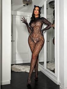 Women's Lingerie Costume - Sexy Charm, Wild Cat Net Mesh Leopard Print - Black - View 1