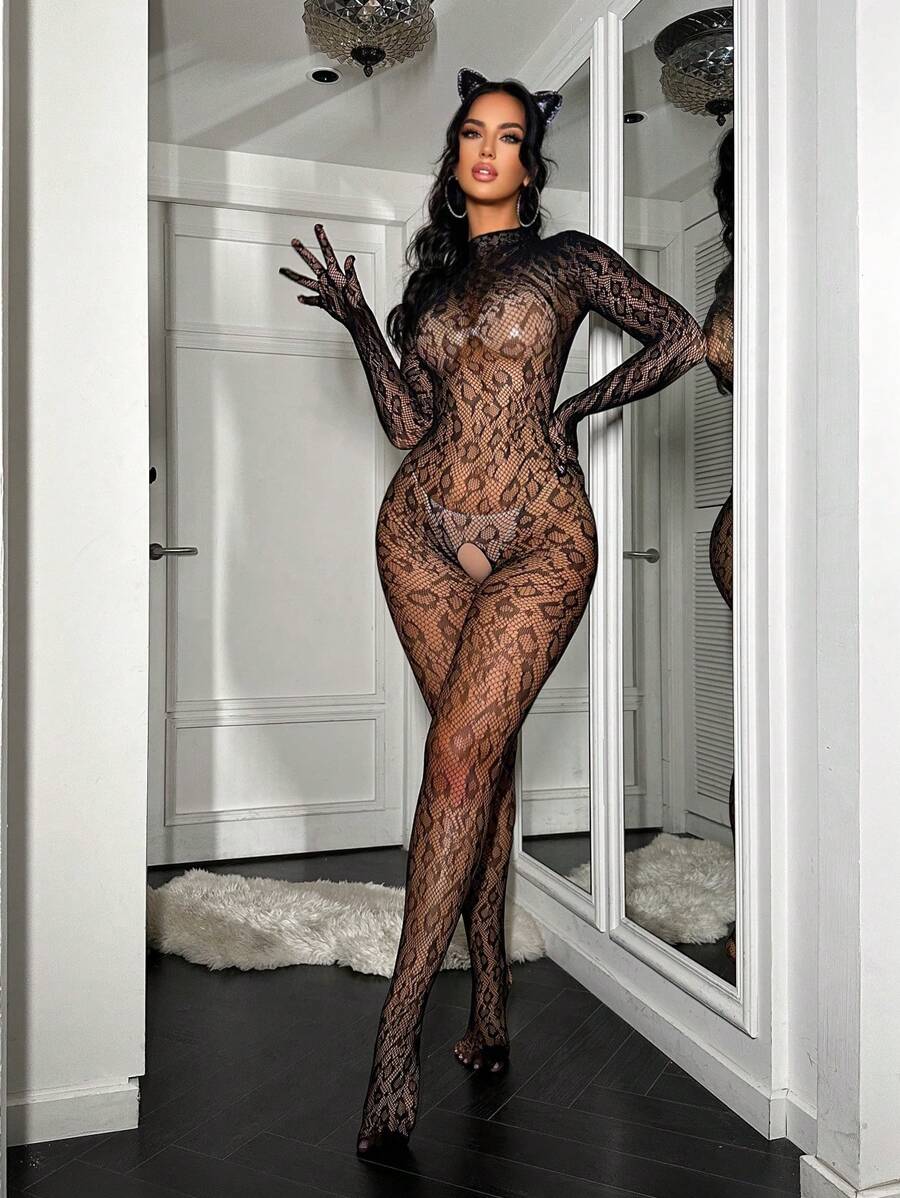 Women's Lingerie Costume - Sexy Charm, Wild Cat Net Mesh Leopard Print - Black - View 1
