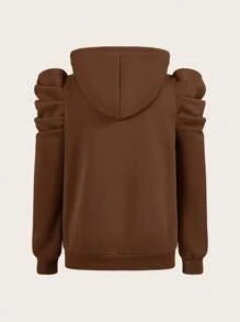 SHEIN LUNE Áo nỉ trùm đầu tay bồng màu trơn cỡ lớn thường ngày, dành cho quần áo mùa thu đông - màu nâu - Xem 5