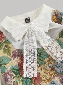 SHEIN MOD 女士复古花卉印花长袖二合一连衣裙、文艺复兴时期连衣裙、返校节连衣裙、秋季连衣裙 - 藍色 - 查看 3