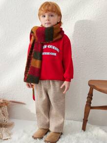 SHEIN Áo nỉ cổ tròn dệt kim màu đỏ Pháp rộng rãi thanh lịch cho bé trai, mùa thu/đông - Đỏ - Xem 5