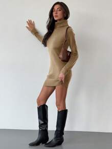 Aloruh New High Collar Comfortable Warm Underlayer Versatile Coffee Color Knit Short Bodycon Sweater Dress - Camel - View 4