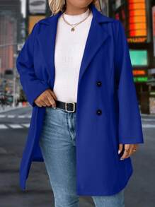 SHEIN LUNE Abrigo abrigado de talla grande con abotonadura sencilla de imitación de cachemira, chaqueta casual de unicolor, otoño/invierno - Azul - Ver 4