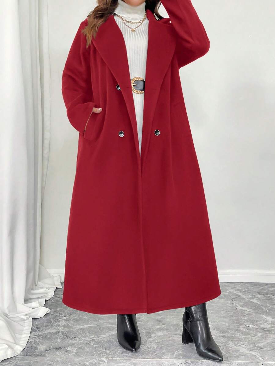 SHEIN Unity Plus Size Women's Double-Breasted Notched Collar Casual Elegant Long Overcoat For New Year Clothes, For Winter - Red - View 1