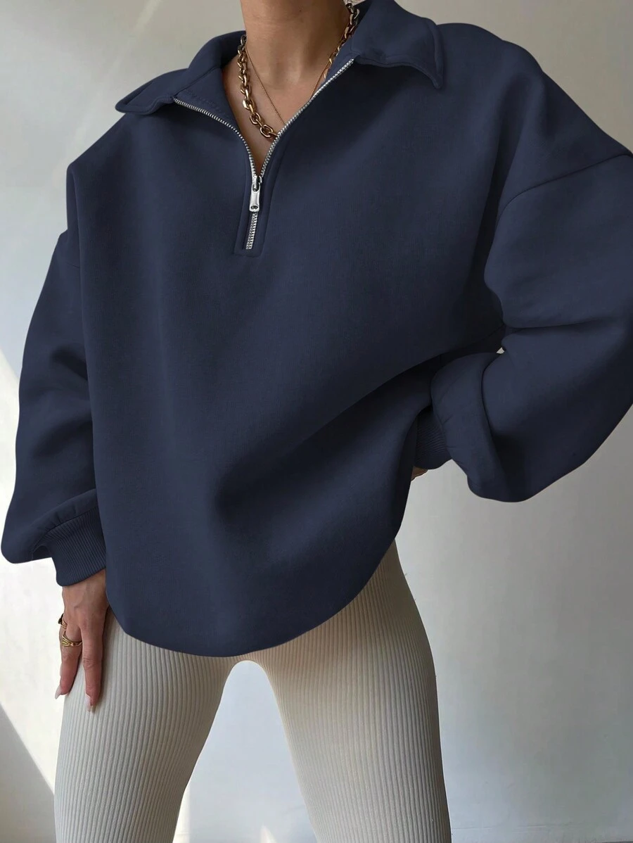 INAWLY Women's Solid Color Dropped Shoulder Long Sleeve Half Zip Casual Sweatshirt, Autumn/Winter, Long Sleeve Tops , Graduation, Teachers For Women, Back To School Pullover Fall - Navy Blue - View 1