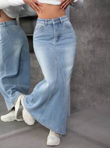 SHEIN EZwear 秋季休闲洗水长款牛仔裙