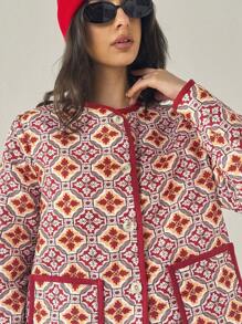 Forever 21 Casual Retro Printed Double Pocket Winter Jacket - Red - View 4