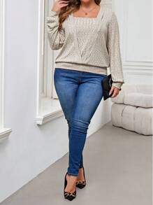 SHEIN Clasi Áo nỉ dệt kim co giãn dài tay cổ chữ V cỡ lớn cho nữ, mùa thu/đông - Màu Khaki - Xem 6