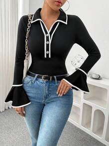 Calvaya Women Polo Collar Colorblock Trim Round Shoulder Long Sleeve Ruffle Cuff Basic T-Shirt, Autumn/Winter For Spring Outfit