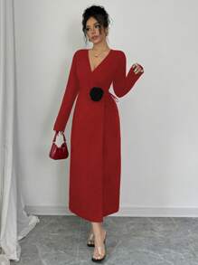 Elenzga Đầm dài tay thắt nút trang trí 3D màu tương phản thanh lịch cho nữ, trang phục thu đông năm mới cho phụ nữ - Đỏ - Xem 4