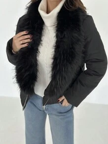 SHEIN Privé New Autumn/Winter Warm & Elegant Casual Modern Fashion Fur Collar Belt Black Padded Coat