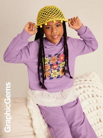 Ensemble décontracté de 2 pièces pour les jeunes filles avec un sweat-shirt à capuche à manches longues et un imprimé floral marguerite, ainsi qu'un pantalon, pour l'automne