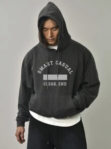 DAZY 男士秋季字母印花落肩长袖抽绳连帽运动衫 - 灰色 - 查看 3