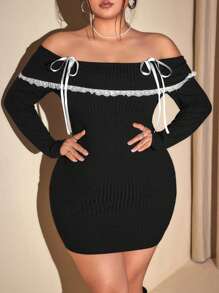 SHEIN ICON Váy len hở vai cỡ lớn, Đầm gợi cảm có trang trí nơ, Đầm ấm áp cho mùa đông, Thích hợp cho Giáng sinh, Hẹn hò Giáng sinh, Tiệc năm mới - Đen và trắng - Xem 5