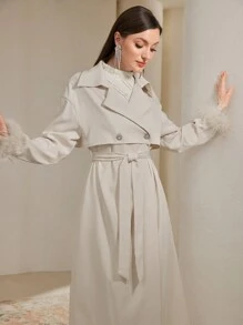 Modelyn 秋冬女士优雅通勤纯色双排扣风衣 - 杏色 - 查看 4