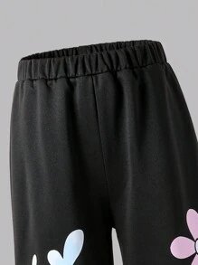 Tween Girls Floral Print Elastic Waist Loose Straight Sweatpants - Black - View 5