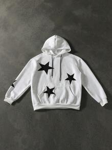 Manfinity EMRG 男士秋季星星印花长袖抽绳连帽休闲运动衫外出白色图案长袖连帽衫，适合朋友、丈夫、男朋友的礼物 - 灰色 - 查看 1