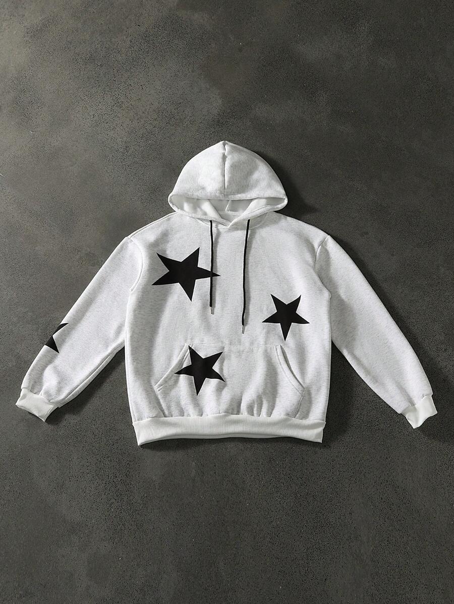 Manfinity EMRG 男士秋季星星印花长袖抽绳连帽休闲运动衫外出白色图案长袖连帽衫，适合朋友、丈夫、男朋友的礼物 - 灰色 - 查看 1