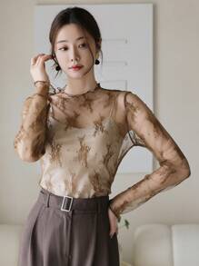 DAZY 女士花卉蕾丝透视长袖上衣