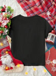 Muchica 圣诞休闲宽松狗图案圆领短袖女式 T 恤，含 34% 棉 - 黑色 - 查看 2