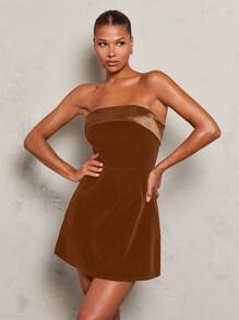 Glamine Women's Elegant Slim-Fit Straight-Neck Velvet Mini Dress, Warm For Holiday Party Clothes - Brown - View 3