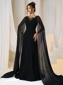 SHEIN Belle 女士奢华针织黑色拼色腰部镶宝石 A 字形正式晚礼服礼服提花连衣裙情人节连衣裙情人节连衣裙黑色鸡尾酒会礼服女士圣诞节黑色晚礼服正式派对礼服秋冬黑色性感网眼长袖伴娘礼服，优雅舞会礼服，适合婚礼嘉宾，毕业典礼，晚宴 - 黑色 - 查看 7