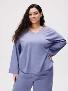 LUVLETTE Bộ đồ ngủ ren cổ chữ V bằng cotton mềm mại và quần dài - Màu xanh bụi bặm - Xem 7