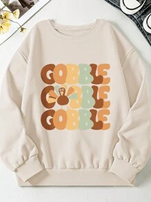 SHEIN EZwear 创意卡通火鸡字母印花休闲圆领卫衣 - 杏色 - 查看 3