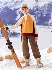 SHEIN Tween Boys Contrast Color Raglan Sleeve Zipper Placket Casual T-Shirt, Autumn/Winter - Yellow - View 7