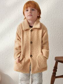 Blossori Young Boys' French Elegant Loose Front Button Yellow Fleece Long Sleeve Jacket, Autumn/Winter - Yellow - View 5