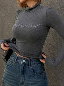 DAZY Women's High Neck Long Sleeve Studded T-Shirt,Fall Clothes - Grey - View 9