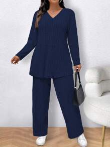 SHEIN LUNE Conjunto de 2 piezas de top de manga larga y pantalón largo de un solo color, talla grande - Azul Marino - Ver 4