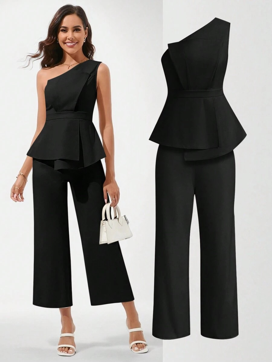 SHEIN Clasi 1 Set Top sin mangas acampanado y pantalones palazzo con volantes asimétricos para mujer - Negro - Ver 1