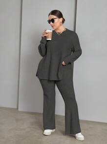 SHEIN Essnce 大码女装秋冬休闲宽松舒适灰色保暖拉绒面料长袖套头 T 恤和裤子两件套，秋季女装，裤子套装，服装套装 - 深灰色 - 查看 6