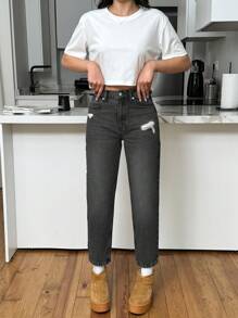 EURMUSE Jeans casuales y versátiles de cintura alta, rasgados y de unicolor con bolsillos para mujeres - Gris Oscuro - Ver 5
