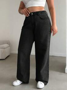 EURMUSE 100%Cotton HIGH RISE STRAIGHT CUT PLUS SZIE WOMEN JEAN - Black - View 4