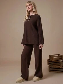 WESTFADE Mid Rise Cropped Wide Leg Sweater Lounge Pants - Brown - View 3