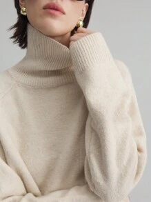 Ontre Women's Apricot High Neck Oversized Sweater, Casual Business Style, 2025 New Spring Collection - Apricot - View 7