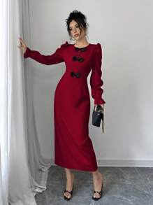 Chiquease 女士优雅蝴蝶结装饰泡泡袖紧身连衣裙，秋冬季新年服装长款女装