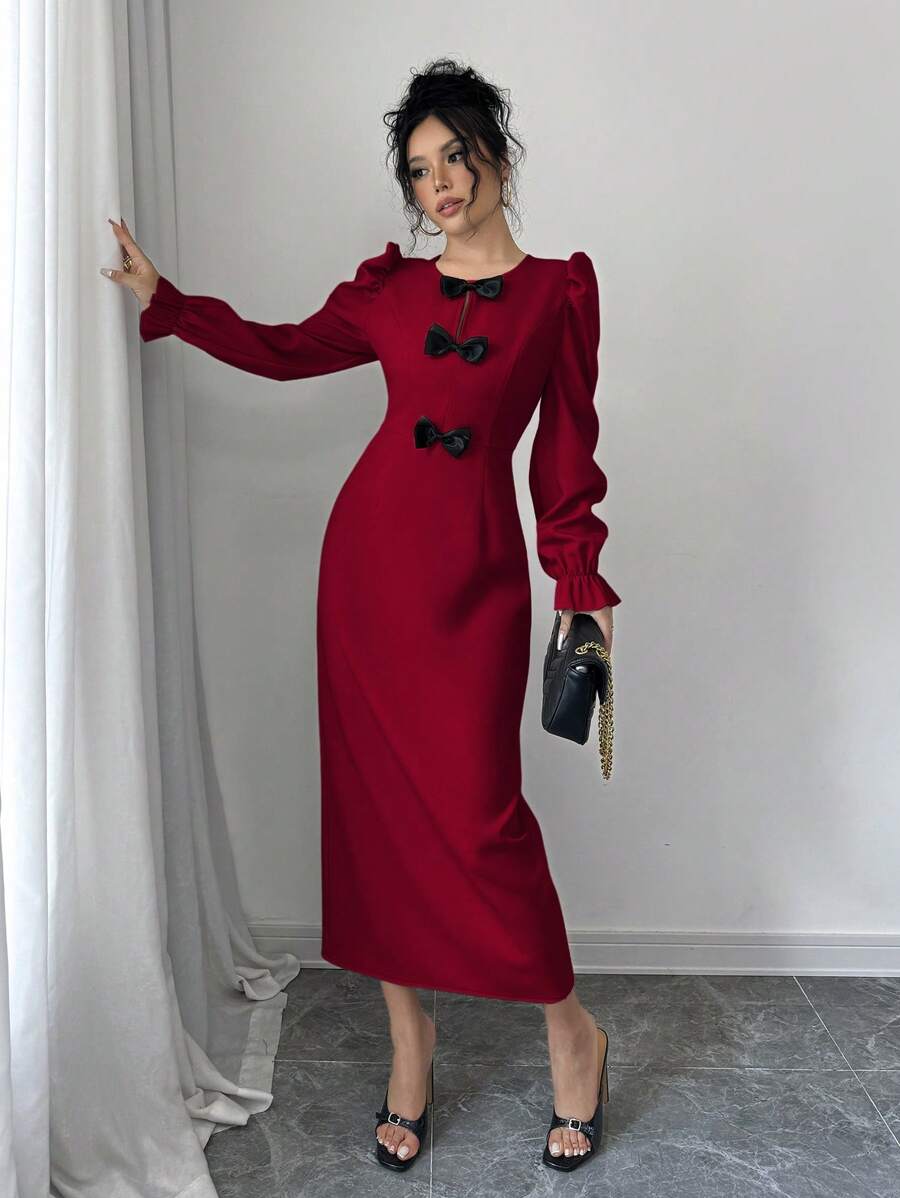 Chiquease 女士优雅蝴蝶结装饰泡泡袖紧身连衣裙，秋冬季新年服装长款女装