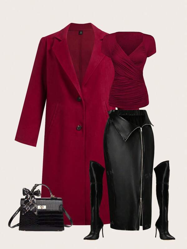 Ellevyn Abrigo trench de unicolor para mujer talla grande, color rojo vino para la oficina y el transporte, para invierno