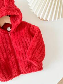 SHEIN Babygirl 秋冬百搭可爱熊耳朵连帽保暖夹克，长袖连帽外套 - 紅色 - 查看 4