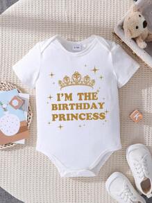 女婴可爱皇冠、星星、字母标语印花短袖连体衣，亲子装（4 件单独出售） - 白色 - 查看 4