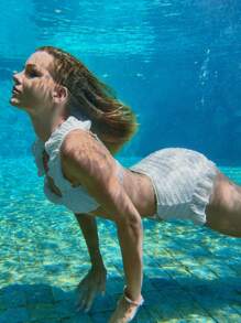 Swim Mod 甜美女士比基尼搭配双层荷叶边肩带和高腰荷叶边短裤夏季 - 白色 - 查看 2