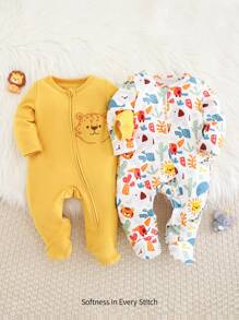 Cozy Pixies Newborn Baby Boy Graphic 2pcs/Set Cartoon Animal Pattern Knitted Soft Round Neck Long Sleeve Footie Jumpsuit With Pants Cartoon - Multicolor - View 6