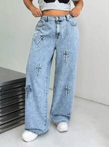SHEIN EZwear Jeans en denim bleu à jambe droite ample et décontractée grande taille