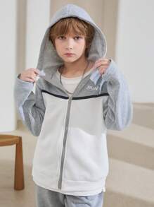 SHEIN Tween Boys' July 4th Graphic Contrast Tape Zipper Hoodie & Pants Set, Casual Sports Fleece Suit For Commuting, School, Daily Lounging, Thickened - Grey - View 8