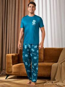 Men's Cartoon Dinosaur Print Crew Neck Short Sleeve Top And Pants Pajama Set - Blue - View 3