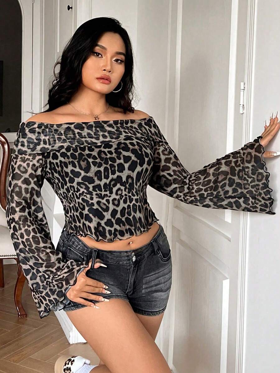 SHEIN EZwear Plus Size Women Leopard Mesh Print Off Shoulder Sheer Flare Sleeve Body Con T-Shirt - Grey - View 1