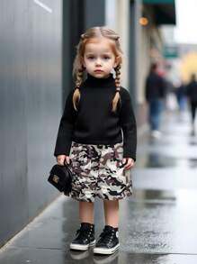 Bộ áo cổ cao màu đen và chân váy in họa tiết cây khô cho bé gái mùa xuân/thu, thích hợp mặc ngoài trời - Nhiều màu - Xem 1